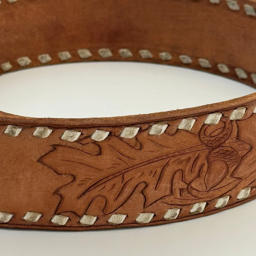 Custom Tooled Leather Belt David Personalized Buckstitch Western Tan Brown‎